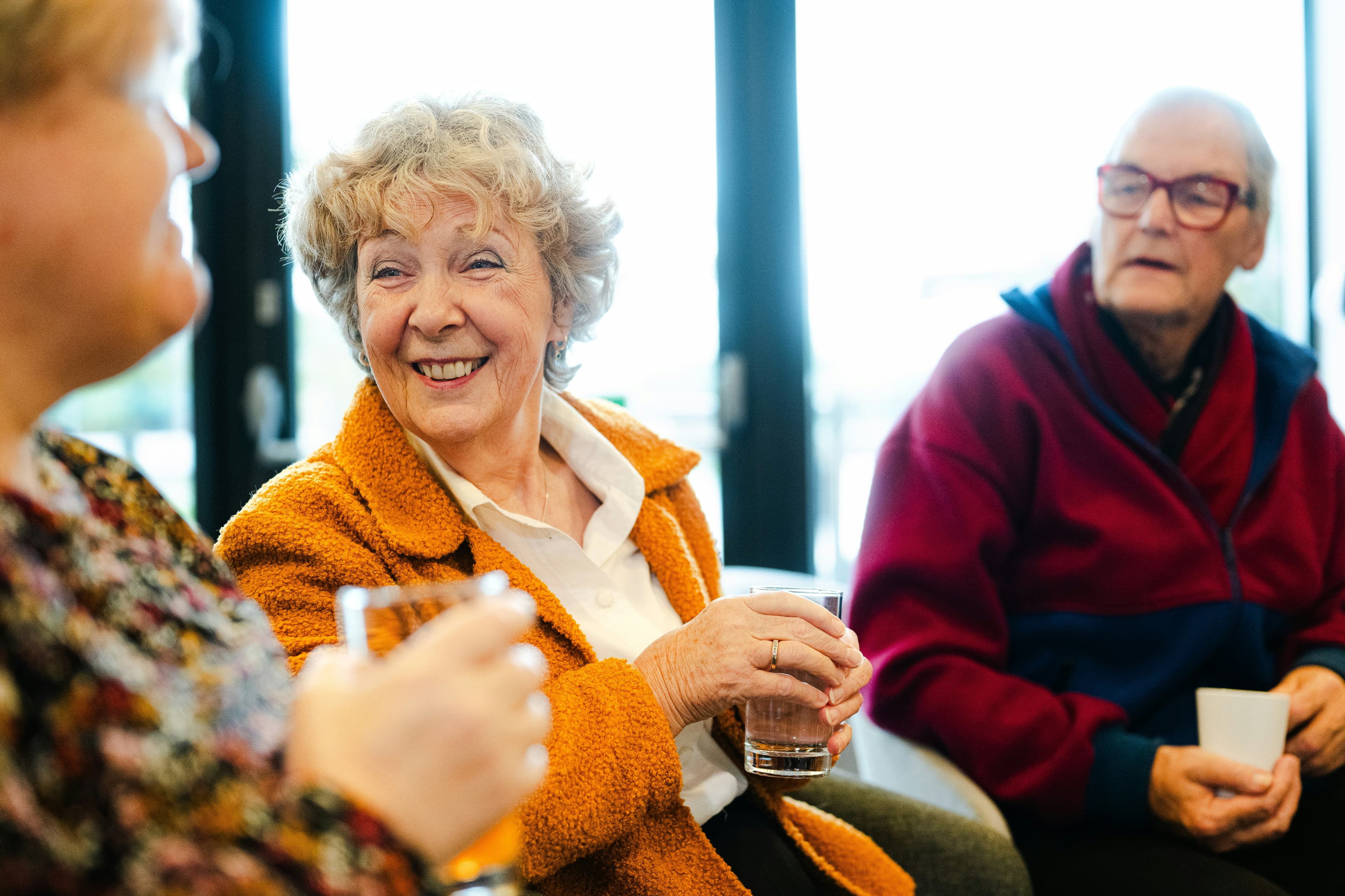 Three older adults smiling and talking together